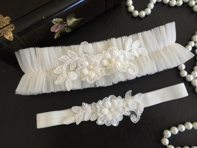 wedding photo - wedding garter set, ivory tulle bridal garter set, ivory beaded lace, pearl