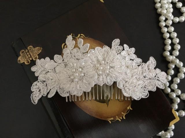 wedding photo - Bridal Hair Accessories, Wedding Head Piece, Ivory Beaded Lace, Pearl