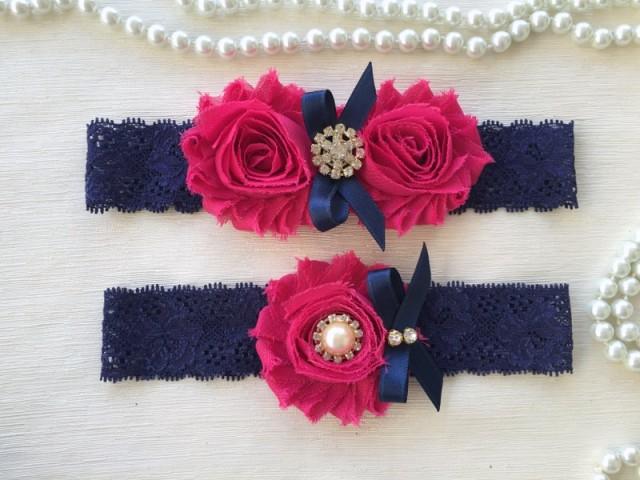 wedding photo - wedding garter set, navy blue/fuchsia bridal garter set, fuchsia chiffon flower, navy blue bow, pearl/rhinestone