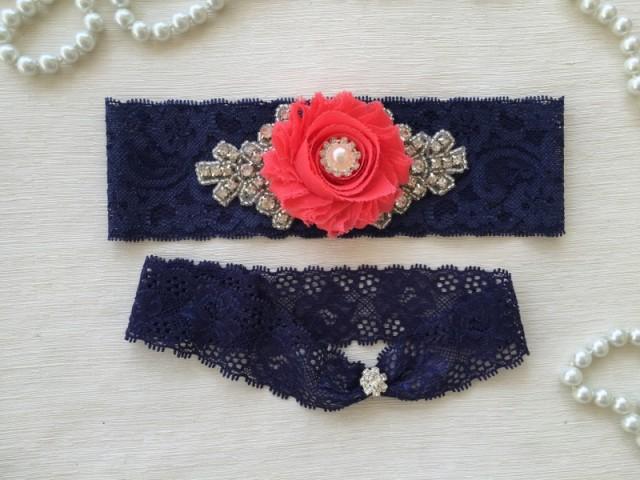 wedding photo - wedding garter set, navy/coral bridal garter set, navy blue lace, coral chiffon flowers, pearl/rhinestone