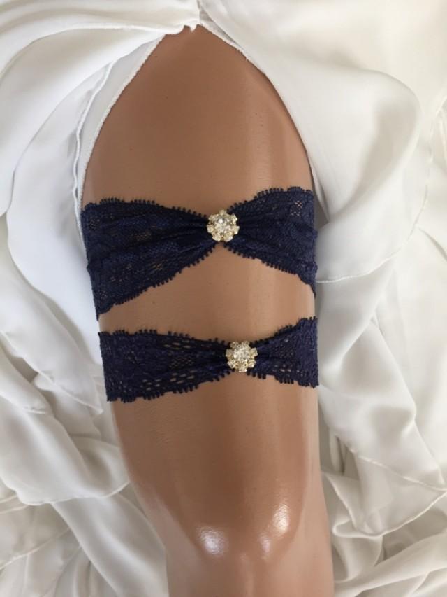 wedding photo - wedding garter set, navy blue lace bridal garter set, pearl/rhinestone, gold, silver