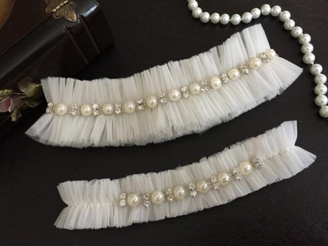 wedding photo - wedding garter set, ivory tulle bridal garter set, pearl/rhinestone
