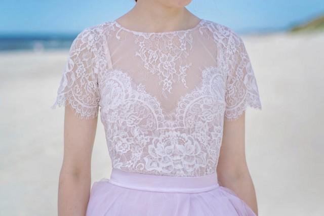 wedding photo - Serenity - lace bridal blouse / bridal blouse / bridal lace top / blush bridal top / bridal separates / blush lace / short sleeves top