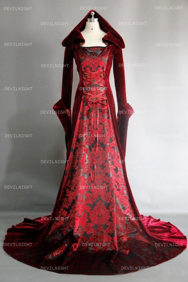 wedding photo - Red Velvet Gothic Hooded Medieval Dress