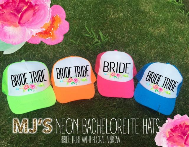 NEON Bachelorette Party Hat / BRIDE Tribe Floral Arrow  Bridesmaid Neon Trucker Cap / Pool Party /Vegas Miami / Beach Vacation / Bridesmaid