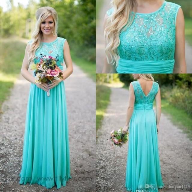 wedding photo - 2016 Country Fantasy Turquoise Bridesmaid Dresses Illusion Neck Sequines Lace Top Chiffon Long Plus Size Maid Of Honor Wedding Party Dresses Online With $99.48/Piece On Haiyan4419's Store 