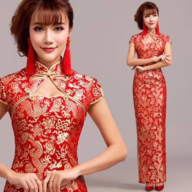 Gold Dragon Red Brocade Long Mandarin Collar Chinese Bridal Dress
