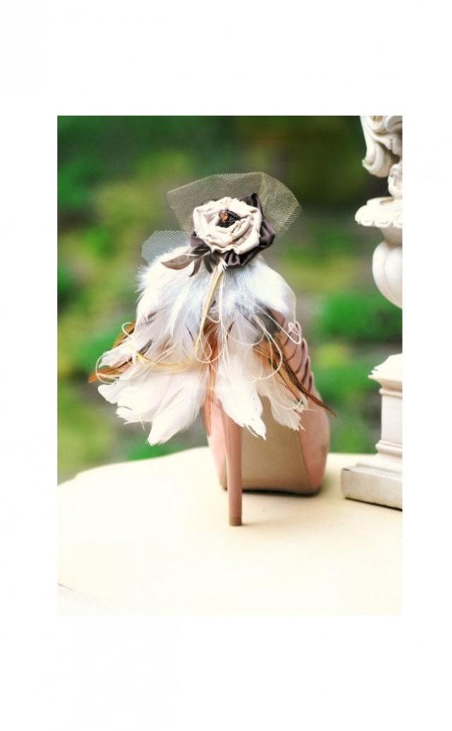 wedding photo - Wedding Shoe Clips Beige Tan Ivory Feathers. Night Party Sexy Sophisticated Elegant Holiday. Spring Statement Decoration Decorative Brooches