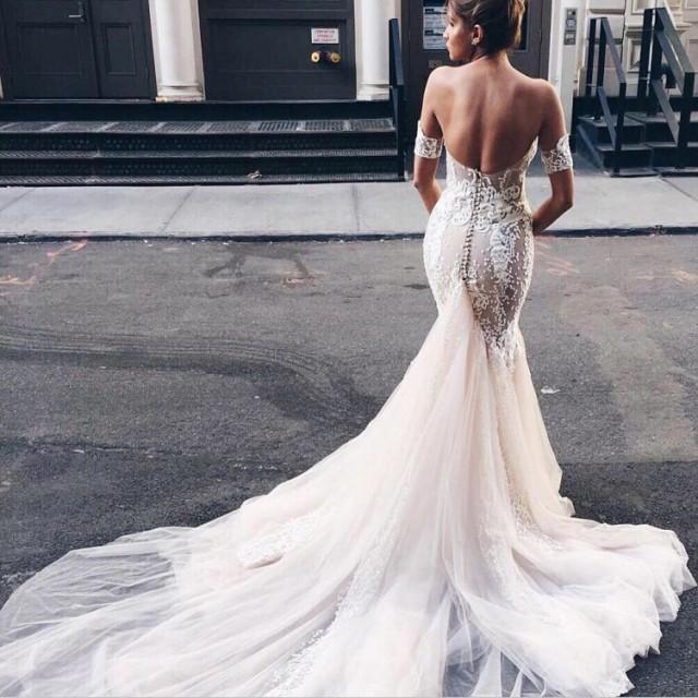 Sweetheart Open Back Watteau Train Mermaid Wedding Dress with White Lace Detachable Short Sleeves