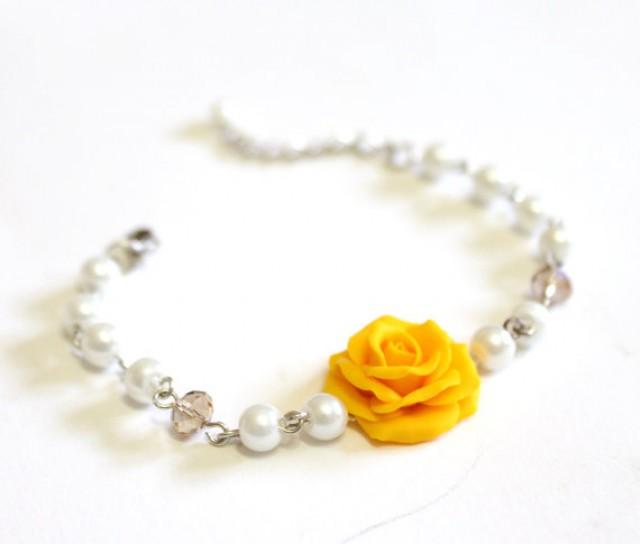 wedding photo - Yellow Rose and Pearls Bracelet, Rose Bracelet, Yellow Bridesmaid Jewelry, Yellow Rose Jewelry, Summer Jewelry