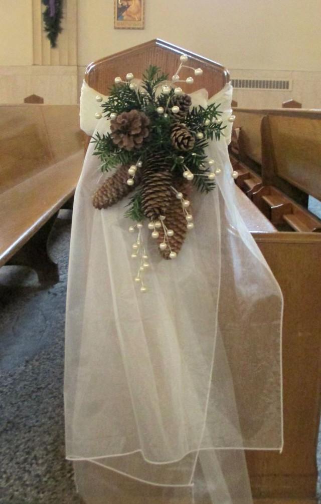 wedding photo - Pew Swag With Ivory Organza, Pinecones, Pine Greens