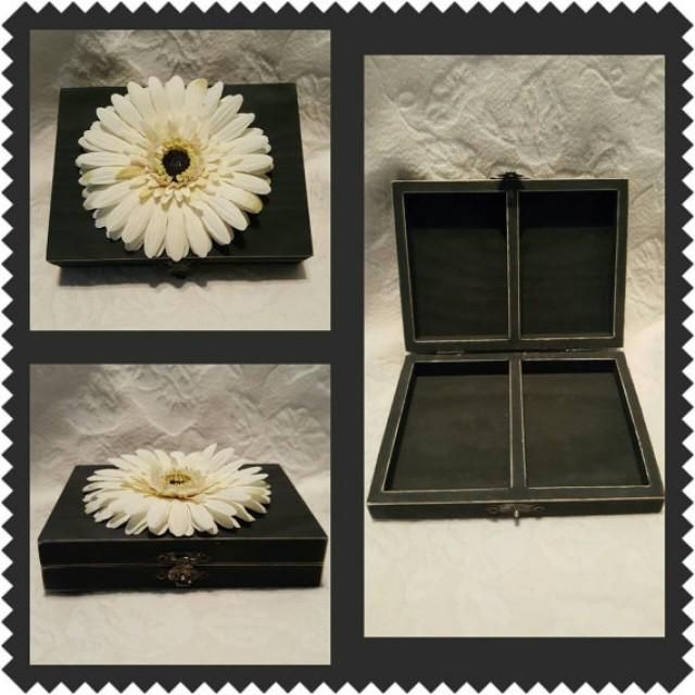 Distressed Spring Wedding Ring Bearers Box Charcoal Gray Ivory Flower Divided HIS HERS