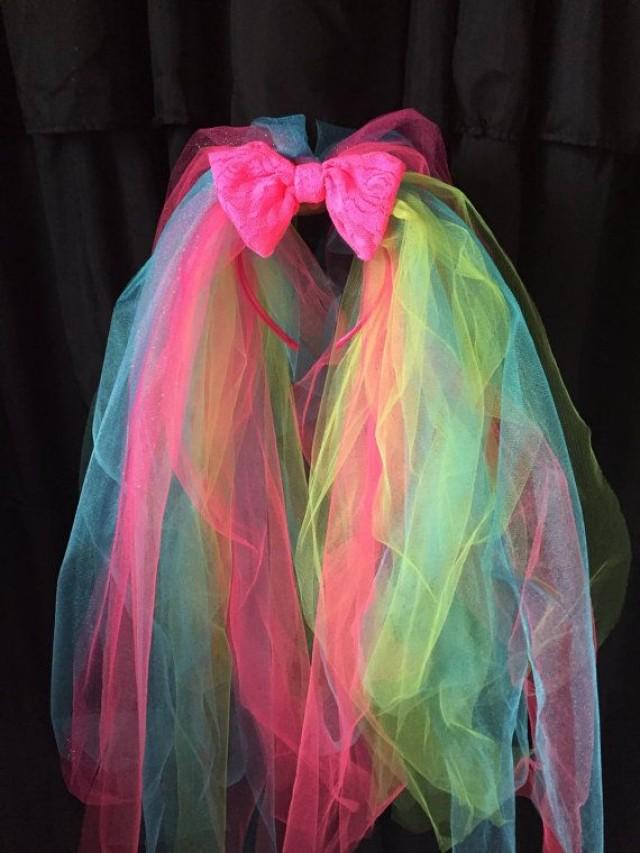 The Carrie- Neon Bachelorette Party Veil, Neon 80's Veil, Bright Pink Veil, Bachelorette Party, Bright Veil, Neon Pink Bow, Tulle Headband