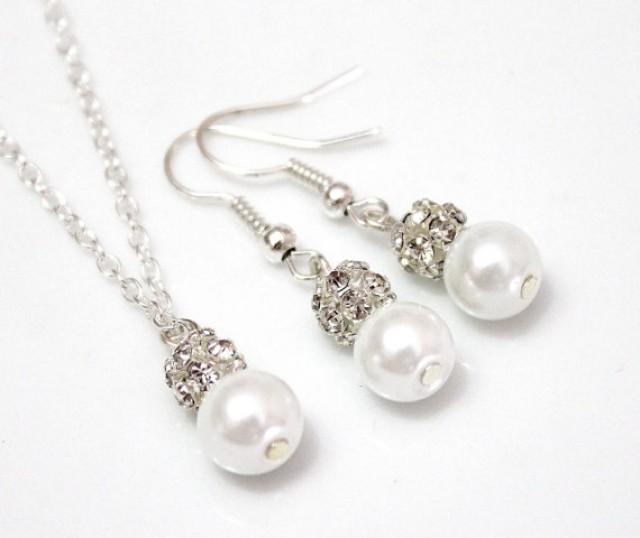 wedding photo - Set of 3.4.5.6.7.8Bridesmaid Necklace & Earrings, Sterling Silver Chain, Pearl and Rhinestone Necklace, Pearl Necklace, Necklaces Gift Ideas