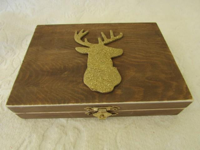 Bohemian Rustic Stained Aged Woodland Deer His Hers Divided Wedding Ring Bearers Box