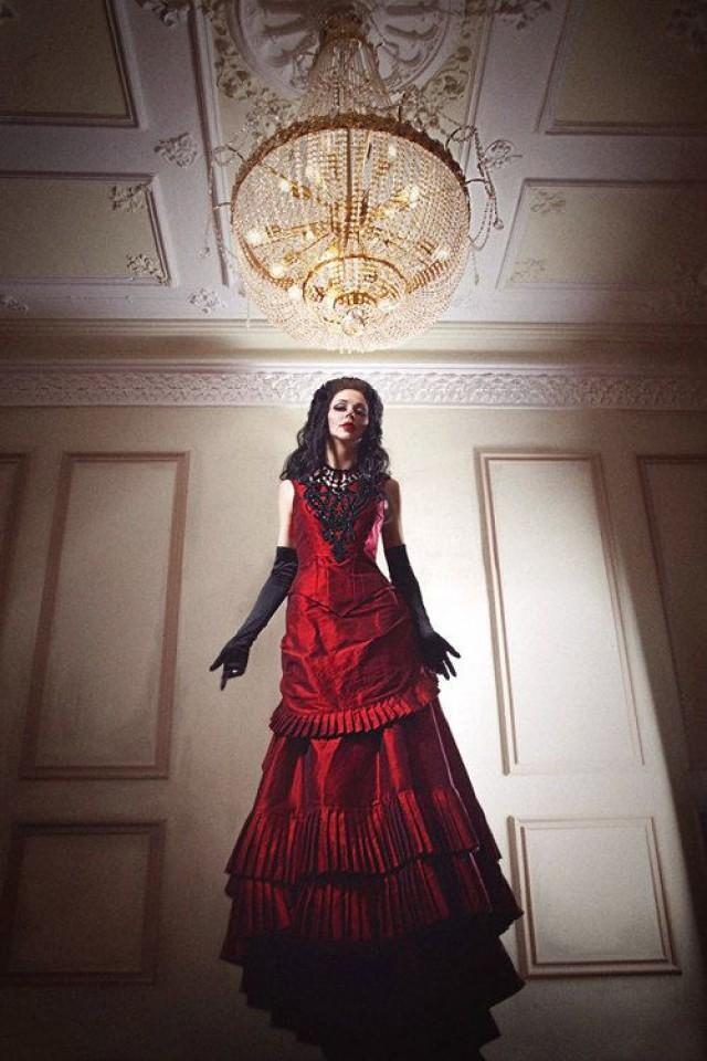 Silk Taffeta Gothic Victorian Bustle Gown ~ Vampire Ball Masquerade Halloween Black Wedding Dress ~ Steampunk 19th Century Period Costume