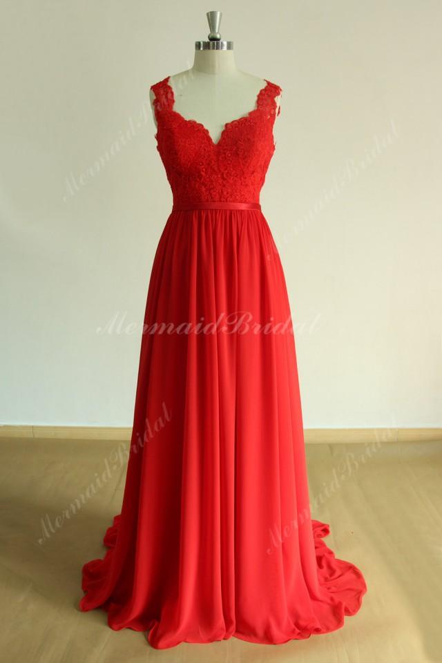 wedding photo - Open back Red Flowy a line chiffon lace wedding dress, prom dress with deep V neckline
