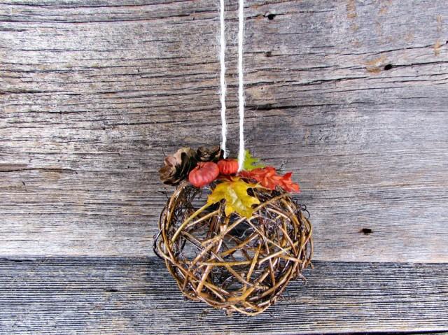 Autumn Fall Kissing Ball Centerpiece, Flower Girl Pomander, Twig Grapevine Ball, Leaf Pine Cone Pumpkin Decor, Rustic Wedding Decorations