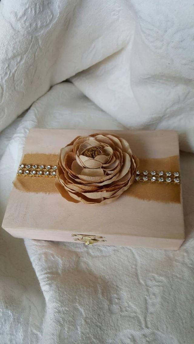 wedding photo - Rustic Shimmery Blush and Gold Aged His Hers Divided Wedding Ring Bearers Box Rhinestone Trim Flower