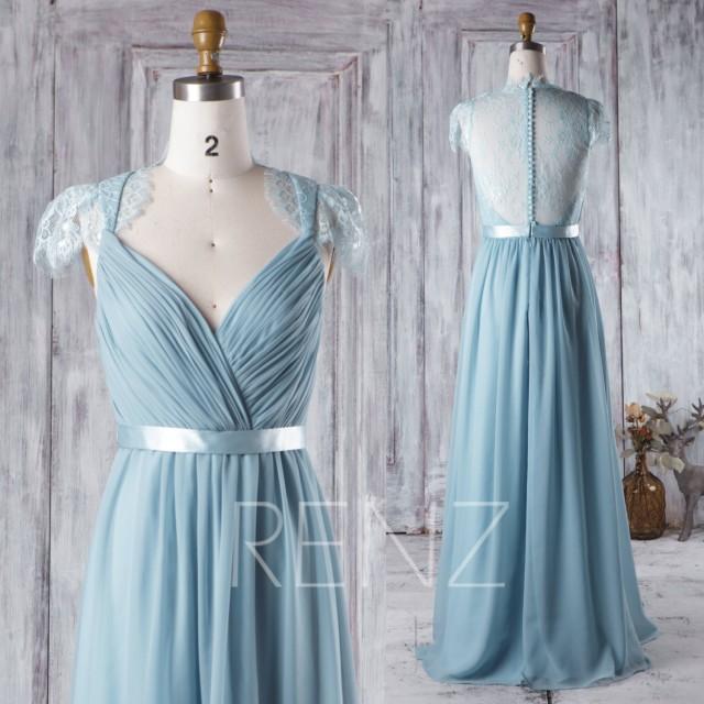 wedding photo - 2016 Blue Bridesmaid Dress, V Neck Wedding Dress, Lace Back Cap Sleeves Prom Dress, Long Chiffon Evening Gown Floor Length (H277)