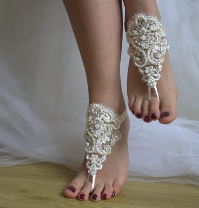 wedding photo - Beaded ivory lace wedding sandals, free shipping!