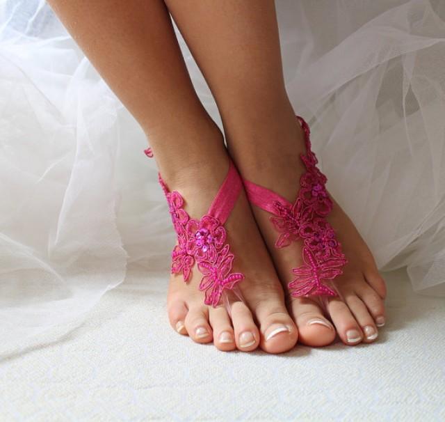 wedding photo - Beaded pink lace wedding sandals, free shipping!