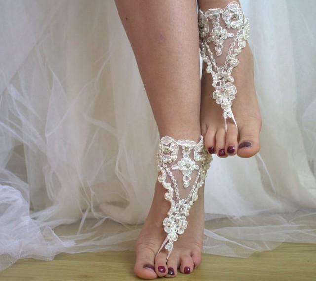 wedding photo - Beaded ivory lace wedding sandals, free shipping!