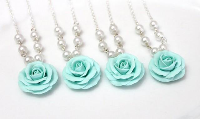 wedding photo - Set of 3. 4. 5. 6. 7. 8. Mint Rose flower necklace, delicate necklace for her gifts, Wedding Jewelry Gift, Green mint Bridesmaid Necklace