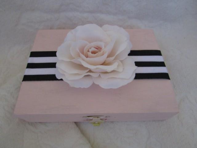wedding photo - Black White Blush Wedding Ring BOx with a Blush Rose HIS HERS Divided ring Pillow
