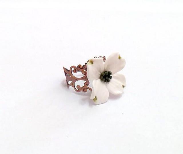 wedding photo - White Dogwood Ring, Adjustable Ring, Shabby Chic Cocktail Ring, Handmade Gifts Bridal Jewelry Bridesmaids Accessories