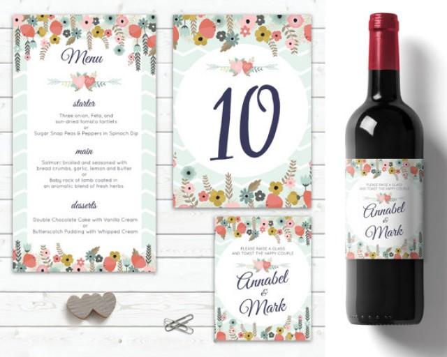 wedding photo - mint green and floral wedding table decorations, personalised wine labels wedding, customised menu wedding table numbers, wedding menu