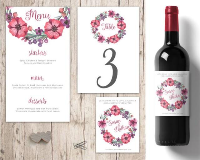 wedding photo - Pink and Purple Wedding table decorations, personalised wedding wine labels, wedding menu, wedding wreath, wedding decor table numbers