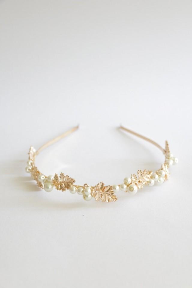 Gold leaf & pearl head band, bridal bridesmaid hair accessories, minimalist romantic delicate autumn country wedding , boho chic, OOAK