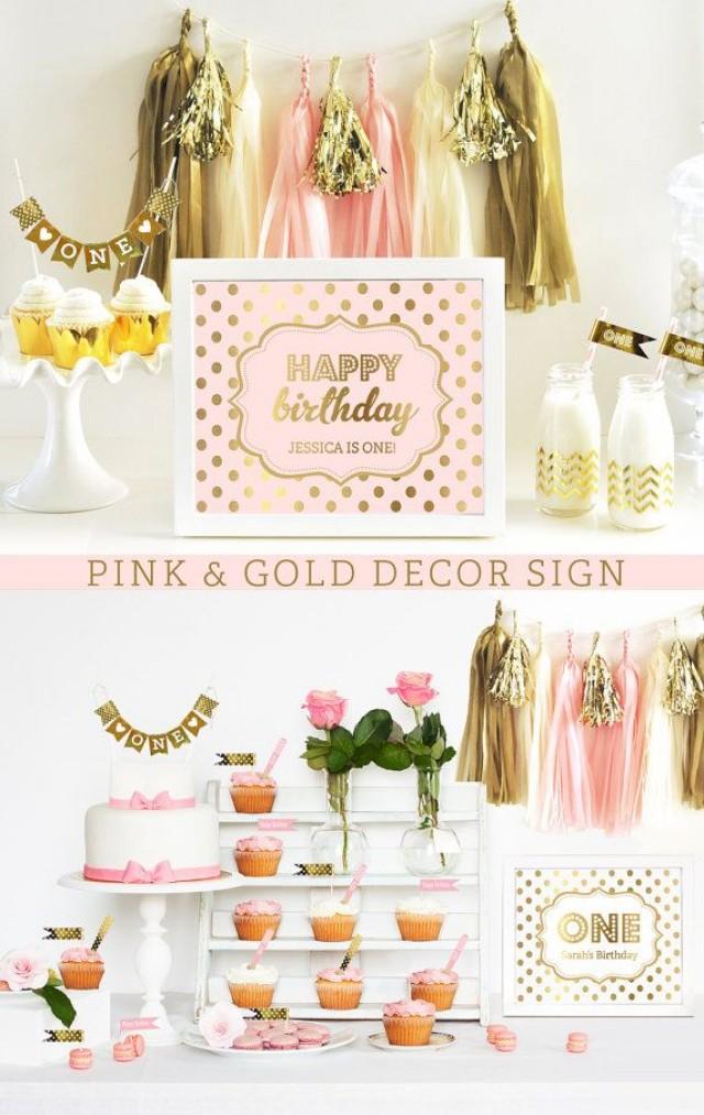 Pink And Gold Sign - Happy Birthday Sign - Pink And Gold Birthday Decor Ideas - Pink Birthday Party (EB3058FY) - Printed SIGN ONLY