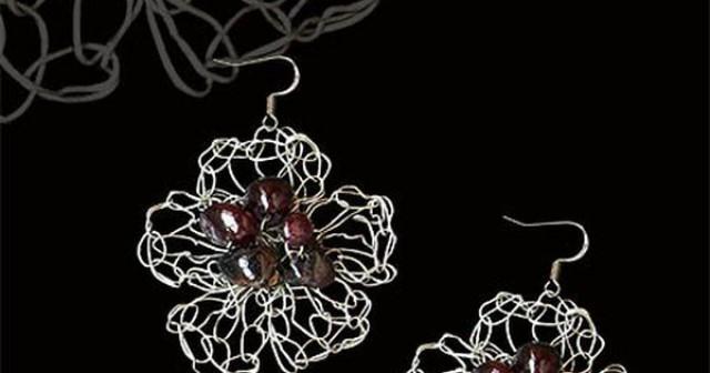 wedding photo - Earrings Natural Stone Garnet Jewelry Knitted Flower Lace Wire Silver Tone Metal Art Bijouterie