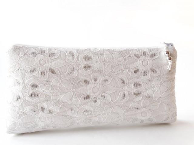 wedding photo - Wedding Clutch, Ivory Silver Lace Clutch for Bride or Bridesmaid, Party Wallet, Cosmetic Purse