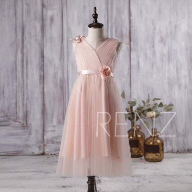 2016 Peach Junior Bridesmaid Dress Long, V Neck Flower Girl Dress, Open Back Rosette Dress Floor Length (HK221)