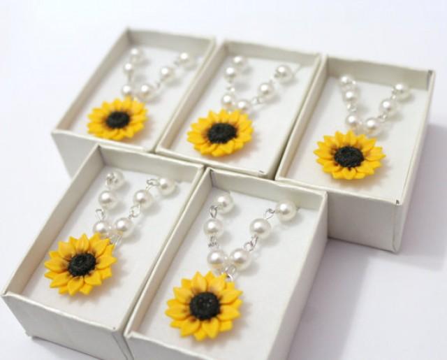 wedding photo - Set of 5 Sunflower Necklace, Sunflower Jewelry, Yellow Sunflower Bridesmaid, Flower and Pearls Necklace, Bridal Flowers, Bridesmaid Necklace