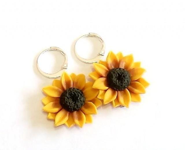 wedding photo - Yellow sunflower dangle earrings - floral long drop earrings, Yellow Sunflower, Wedding Earrings, Sunflower Bridesmaid Earrings