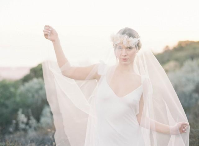 Romantic silk organza flower crown veil with blush detailing and pearl accents &quot;Jill&quot;