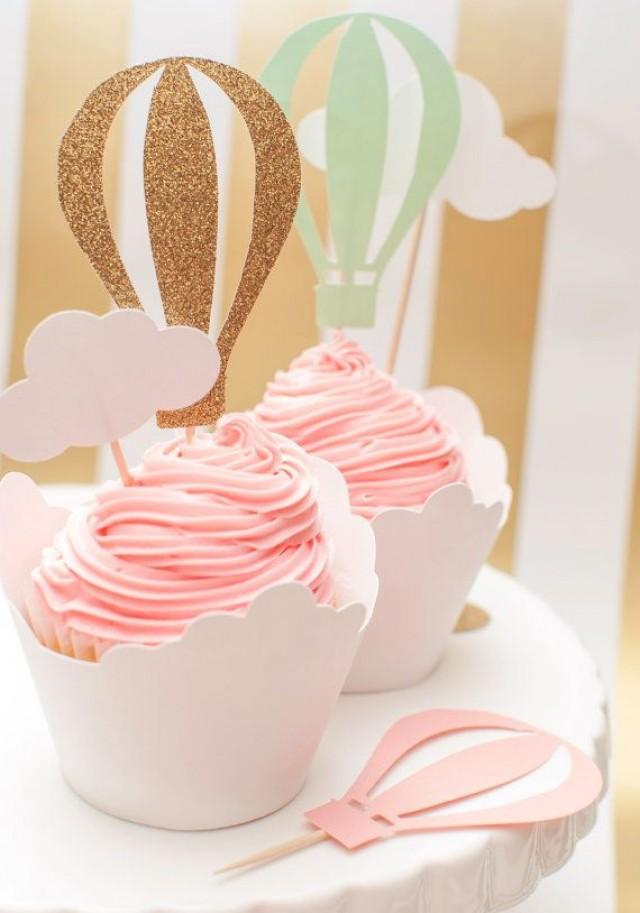 wedding photo - Up Up And Away Hot Air Balloon Cupcake Toppers In Pink Mint And Gold Set Of 12