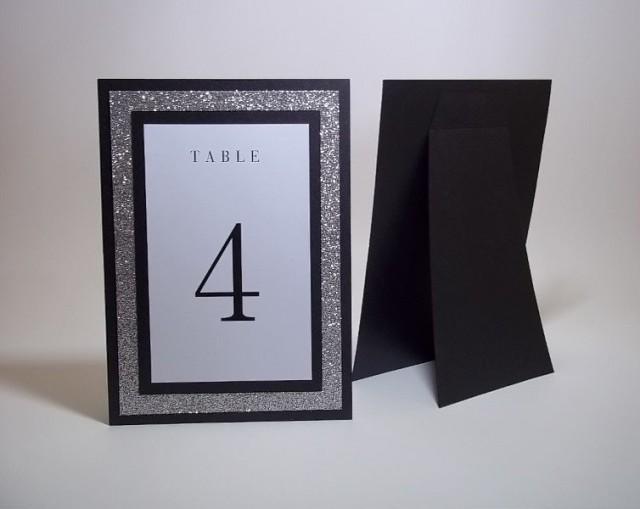 Shimmer Black, Glitter Silver and White Free standing Table Number Cards - 5&quot; x 7&quot; size - Wedding - Bridal Shower - Dinner - Reception Decor