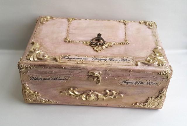 Blush pink gold wooden wedding card box,Golden vintage baroque ornaments,Personalization-the names and the wedding date. Blush gold card box