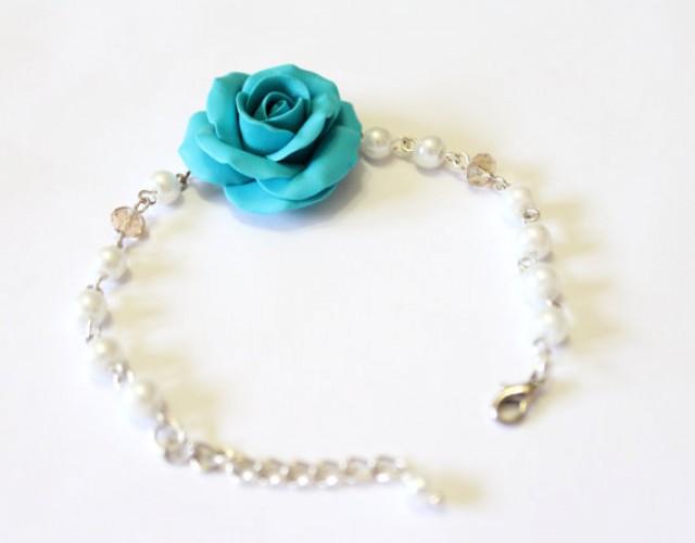 wedding photo - Turquoise Rose and Pearls Bracelet, Bracelet,Turquoise Bridesmaid Jewelry, Rose Jewelry, Summer Jewelry, Bridal Flowers,Bridesmaid Bracelet