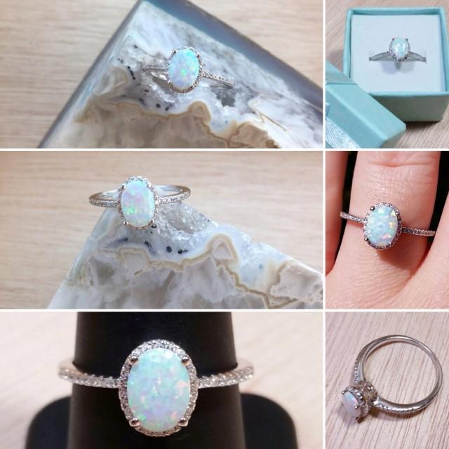 wedding photo - Opal Engagement Ring Sterling Silver size 4 5 6 7 8 9 10 11 12