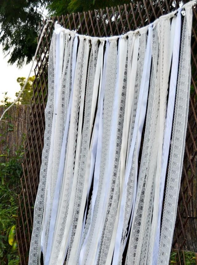 wedding photo - Ivory White Lace Fabric Ribbon Backdrop Curtain. Wedding Lace Photo Backdrop. Boho Wedding.Lace Wedding Background Chuppah.Rustic wedding.