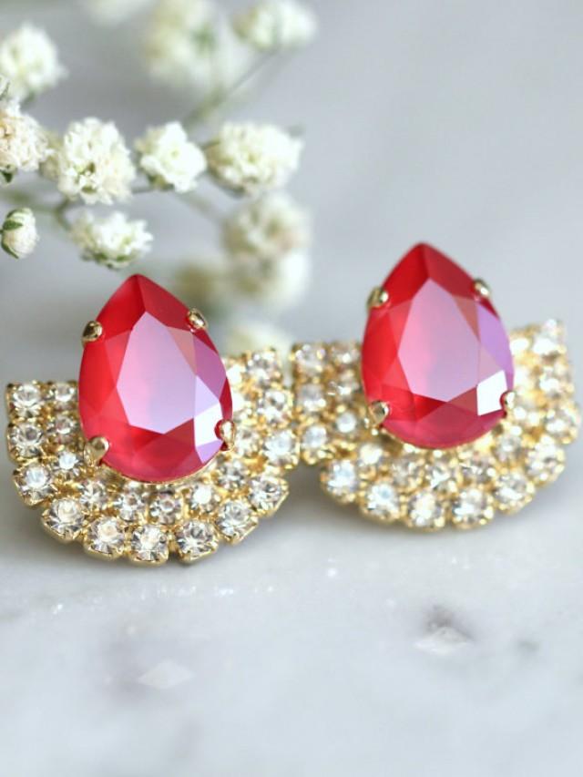 wedding photo - Ruby Earrings, Ruby Red Crystal Swarovski earrings, Bridesmaids Ruby Earrings, Bridal Red Ruby Earrings, Marsala Earrings, Ruby Red Studs