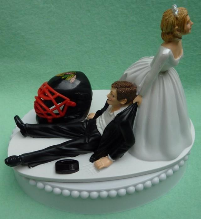 Wedding Cake Topper Chicago Blackhawks Black Hawks Hockey Themed w/ Bridal Garter Sports Fans Bride Groom Funny Humorous Reception Idea Top