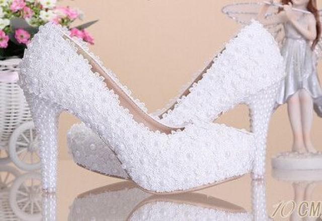 Women Brides Fashion White Flowers Lace Platform High Heels Pearls Wedding Shoes