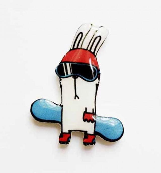 FREE SHIPPING Bunny Rabbit Snowboard Gift Bunny Rabbit Brooch Broach Pin For Snowboarders For Winter Sports Fans (0186)